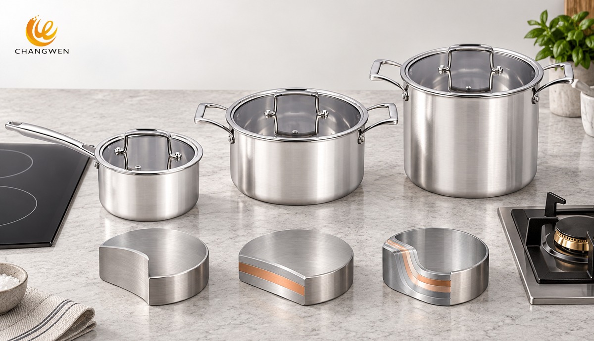 Comparação de fundo simples, fundo encapsulado e construção multicamada em panelas de inox