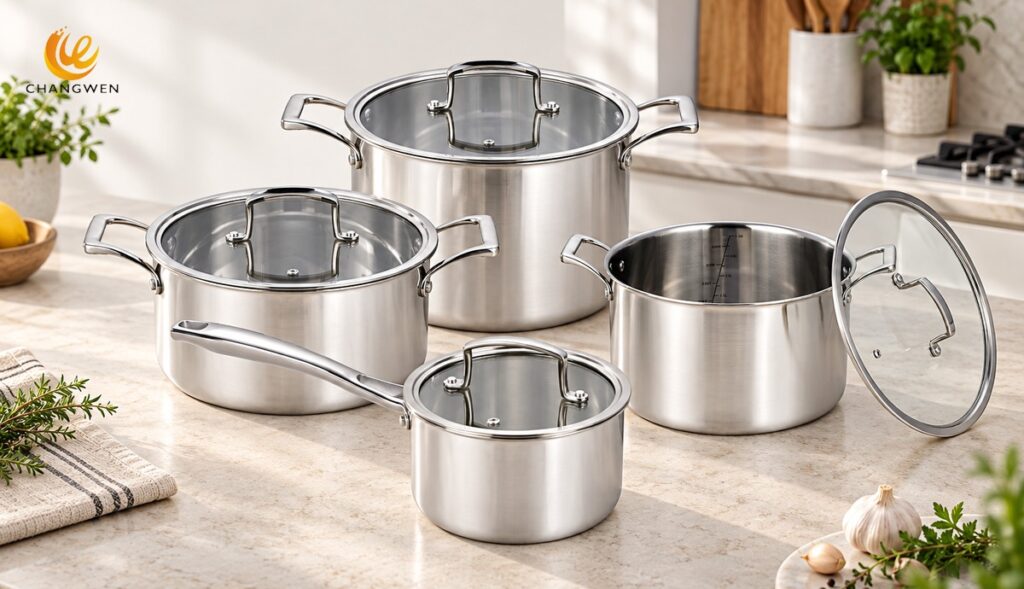 Conjunto de utensílios de cozinha em aço inoxidável com panelas e tampas