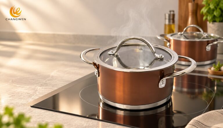 Panela de aço inoxidável marrom sobre cooktop de indução