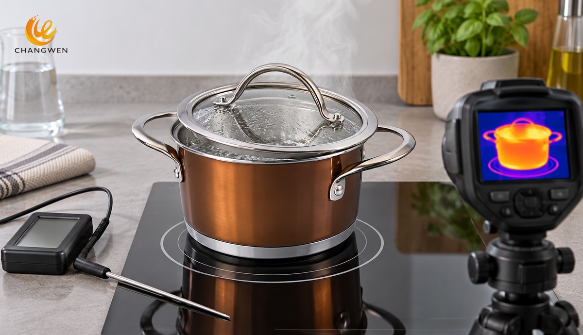 Teste de aquecimento de panela de aço inoxidável em cooktop de indução