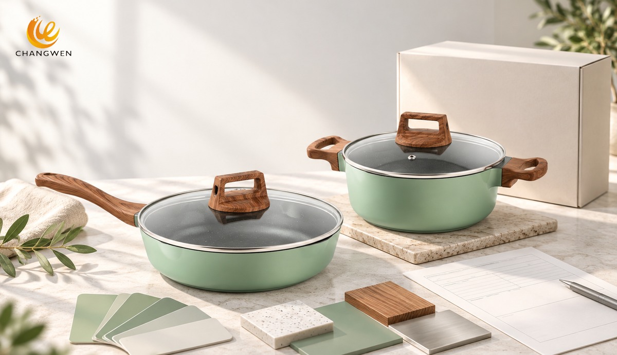 Panelas verde-sálvia com cabos amadeirados, amostras de cor e caixa em branco para planejamento de marca própria