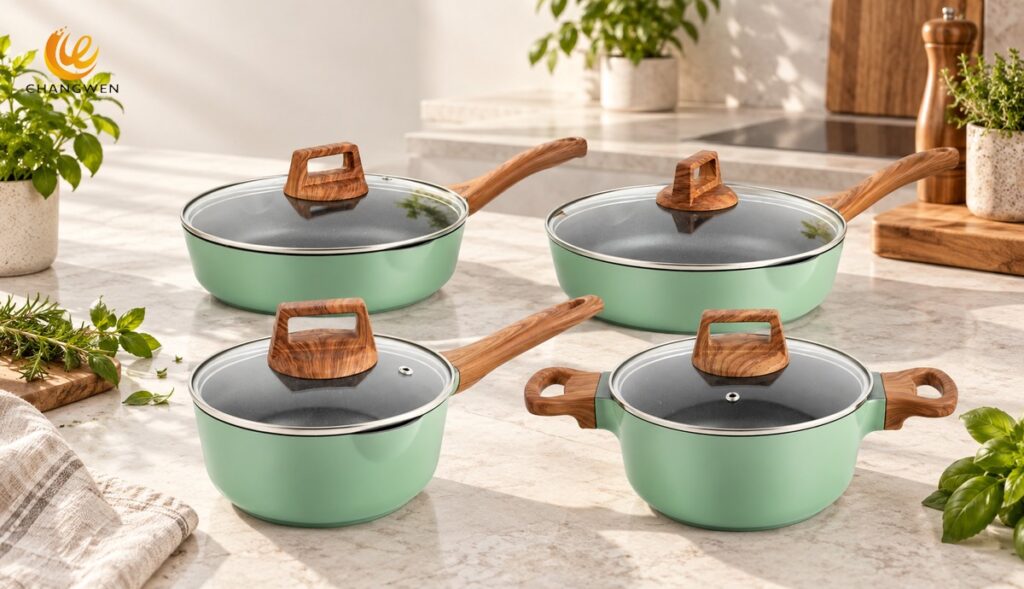 Coleção de panelas verde-sálvia com cabos amadeirados e tampas de vidro em cozinha moderna