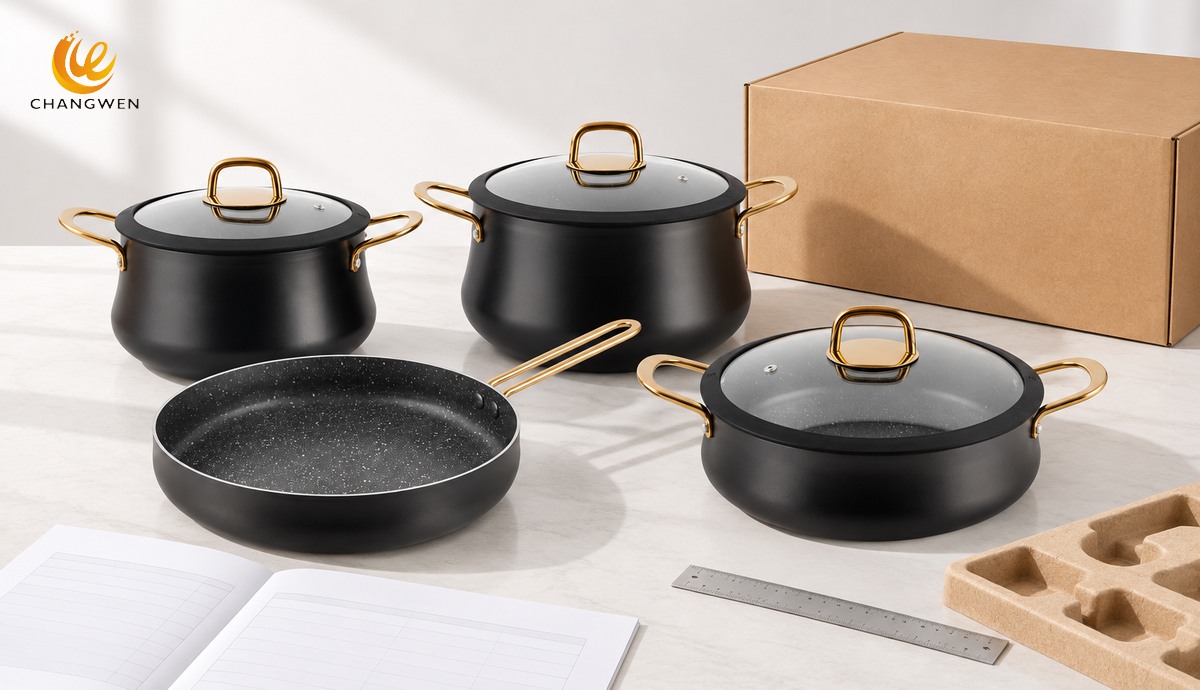 Conjunto preto com alças douradas, tampa de vidro e embalagem sem marca em mesa de aprovação